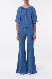 Claude Flare Pant in Sky Plisse Silk