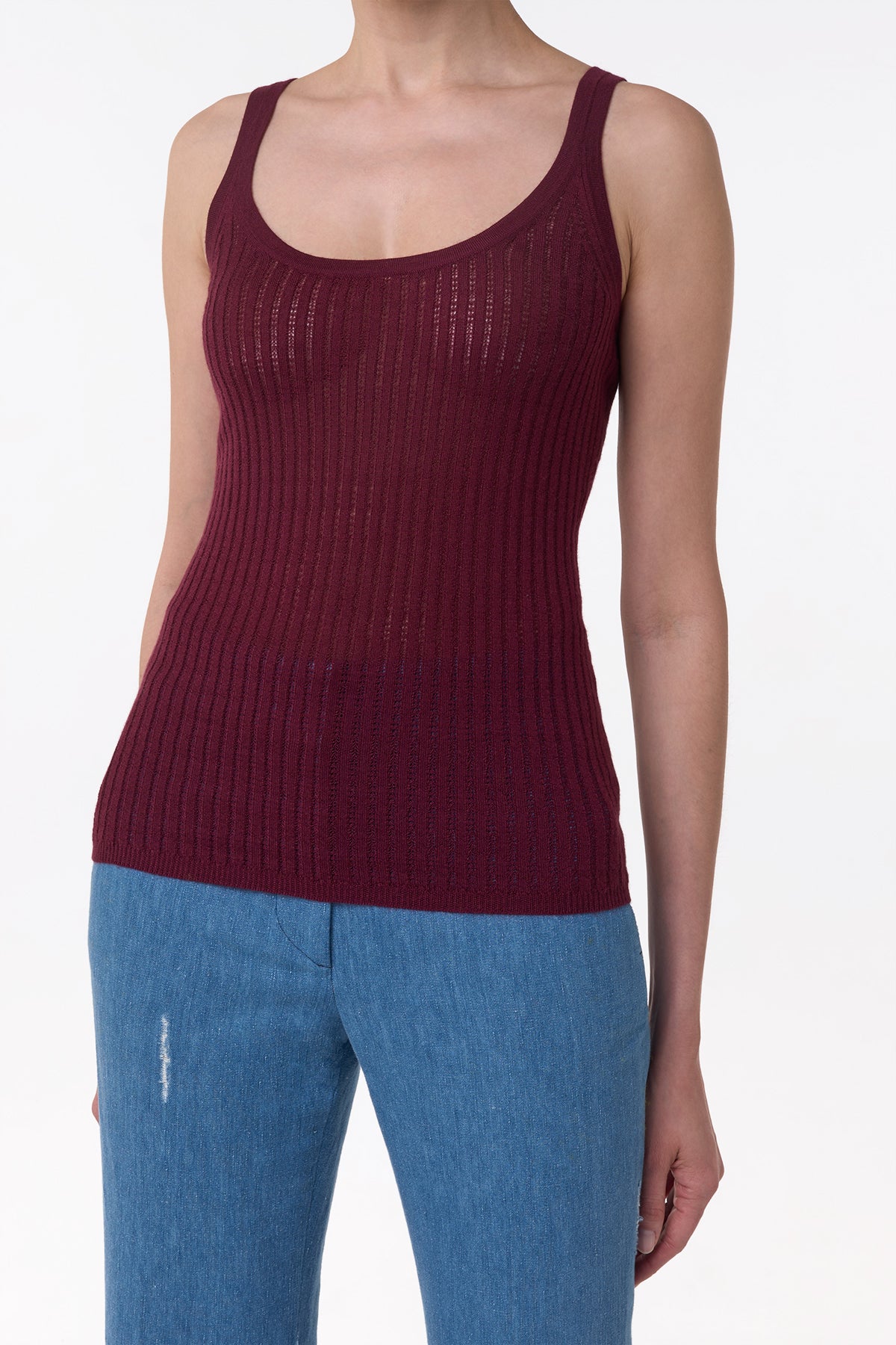 Nevin Pointelle Knit Tank Top in Bordeaux Cashmere Silk