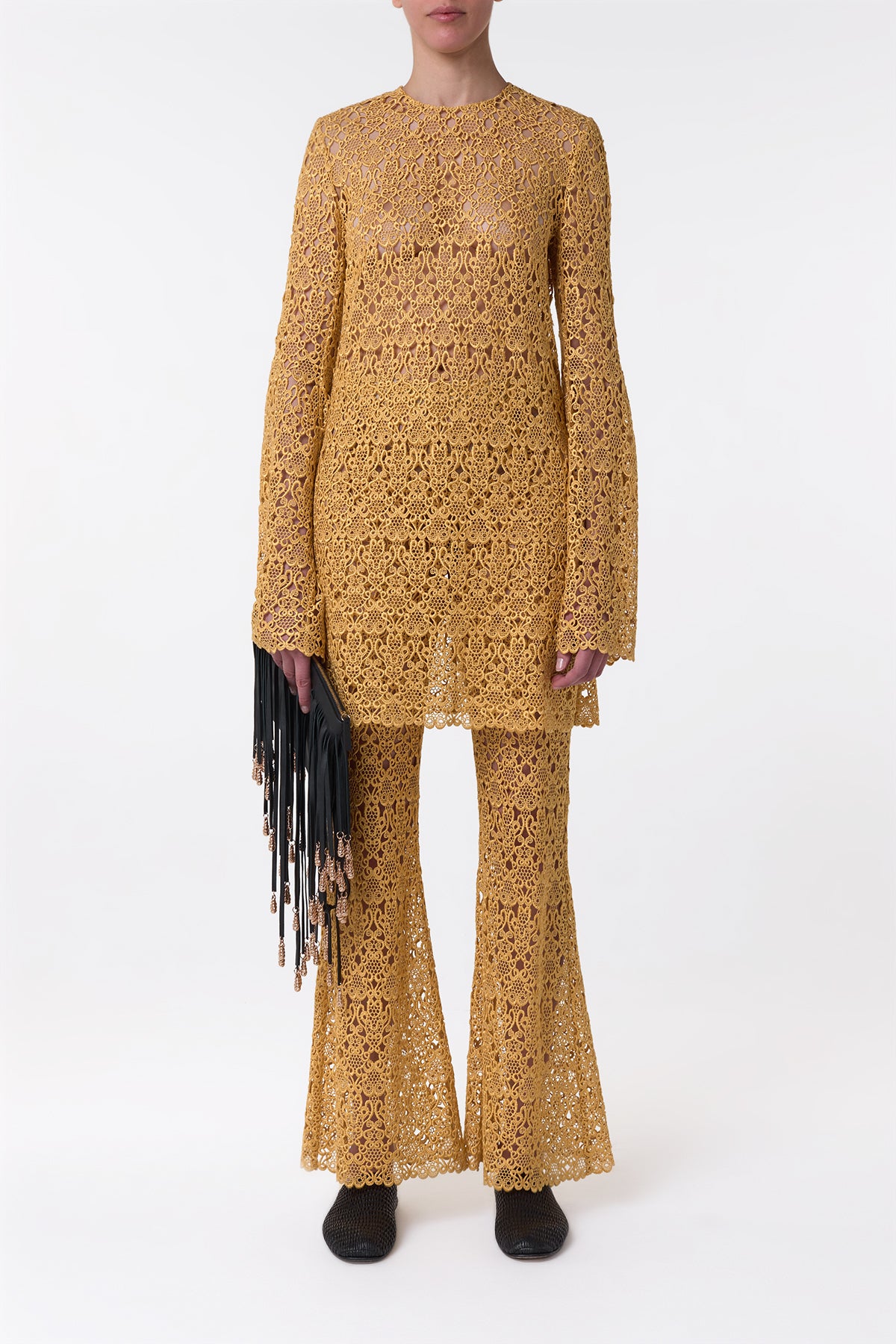 Phoenix Flare Cropped Pant in Gold Silk Macrame Lace