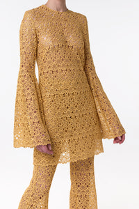 Archie Mini Dress with Lining in Gold Silk Macrame Lace