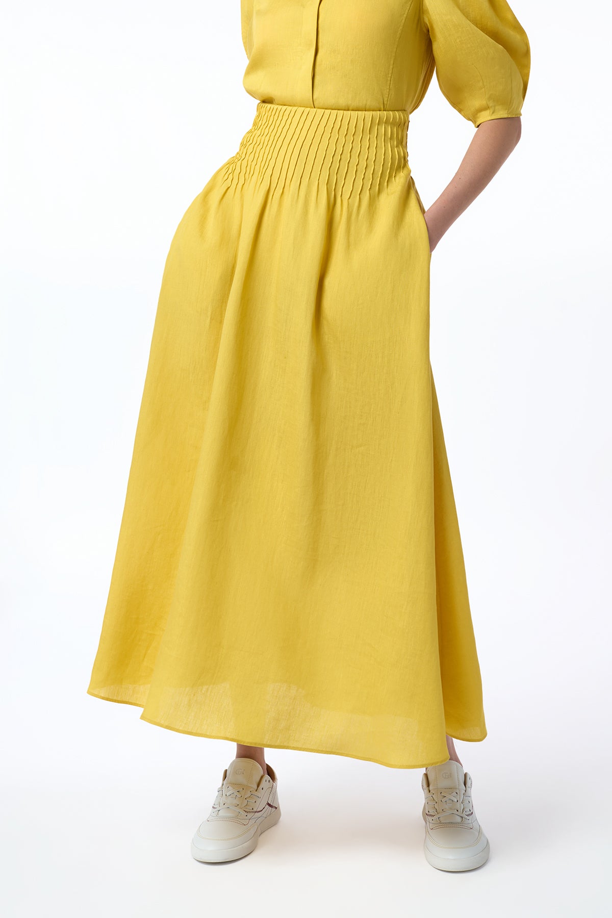 Penelope Midi Skirt in Goldenrod Aloe Linen