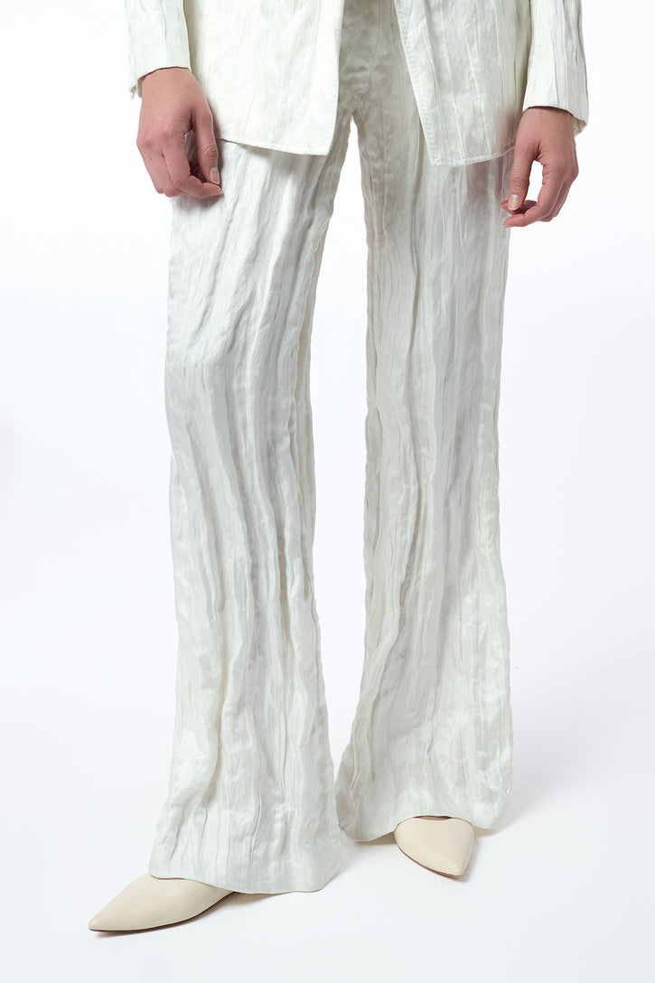 Norman Wide-Leg Pant in Ivory Metallic Crinkled Silk