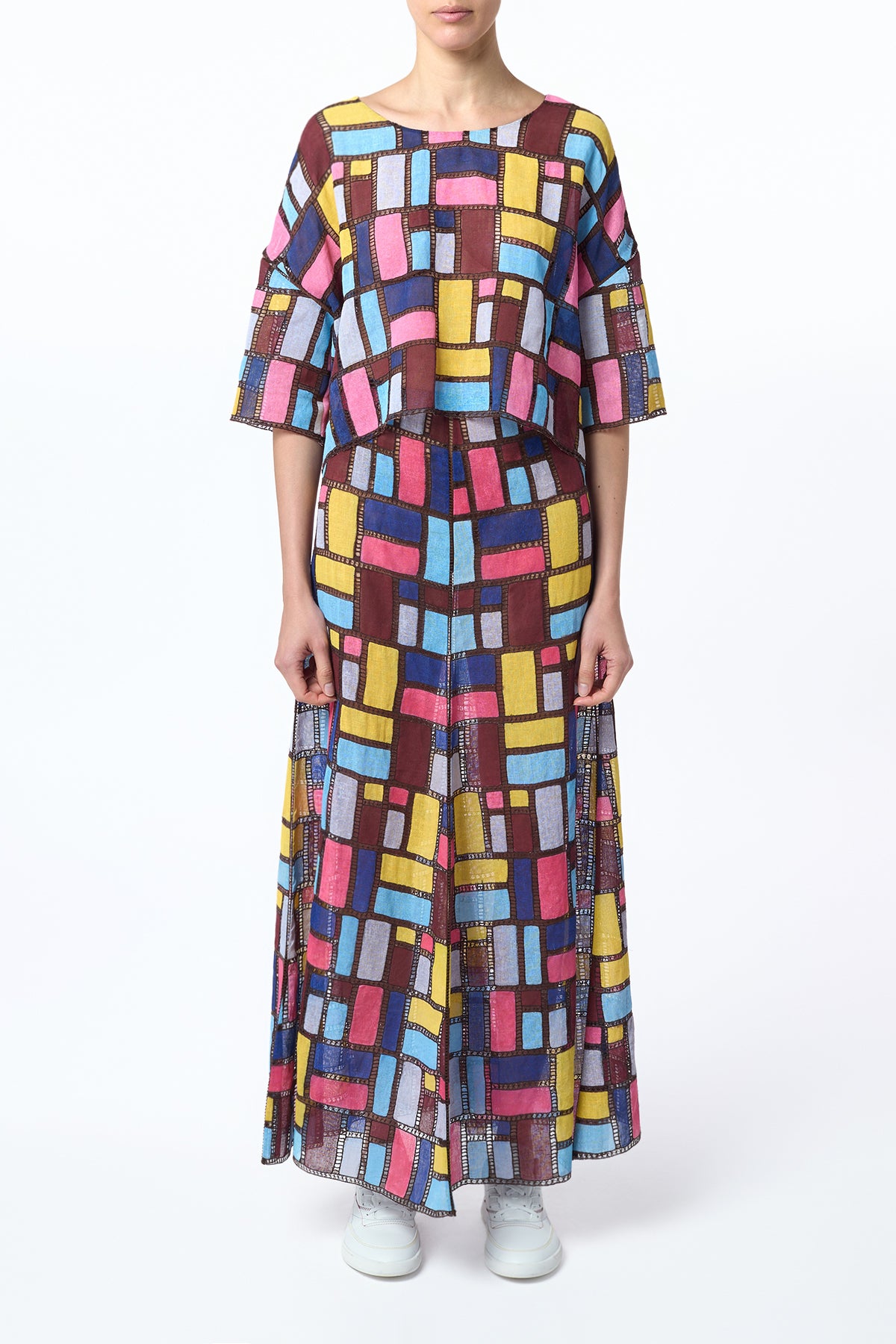 Tatia Patchwork Embroidered Cropped Top in Aurora Multi Linen