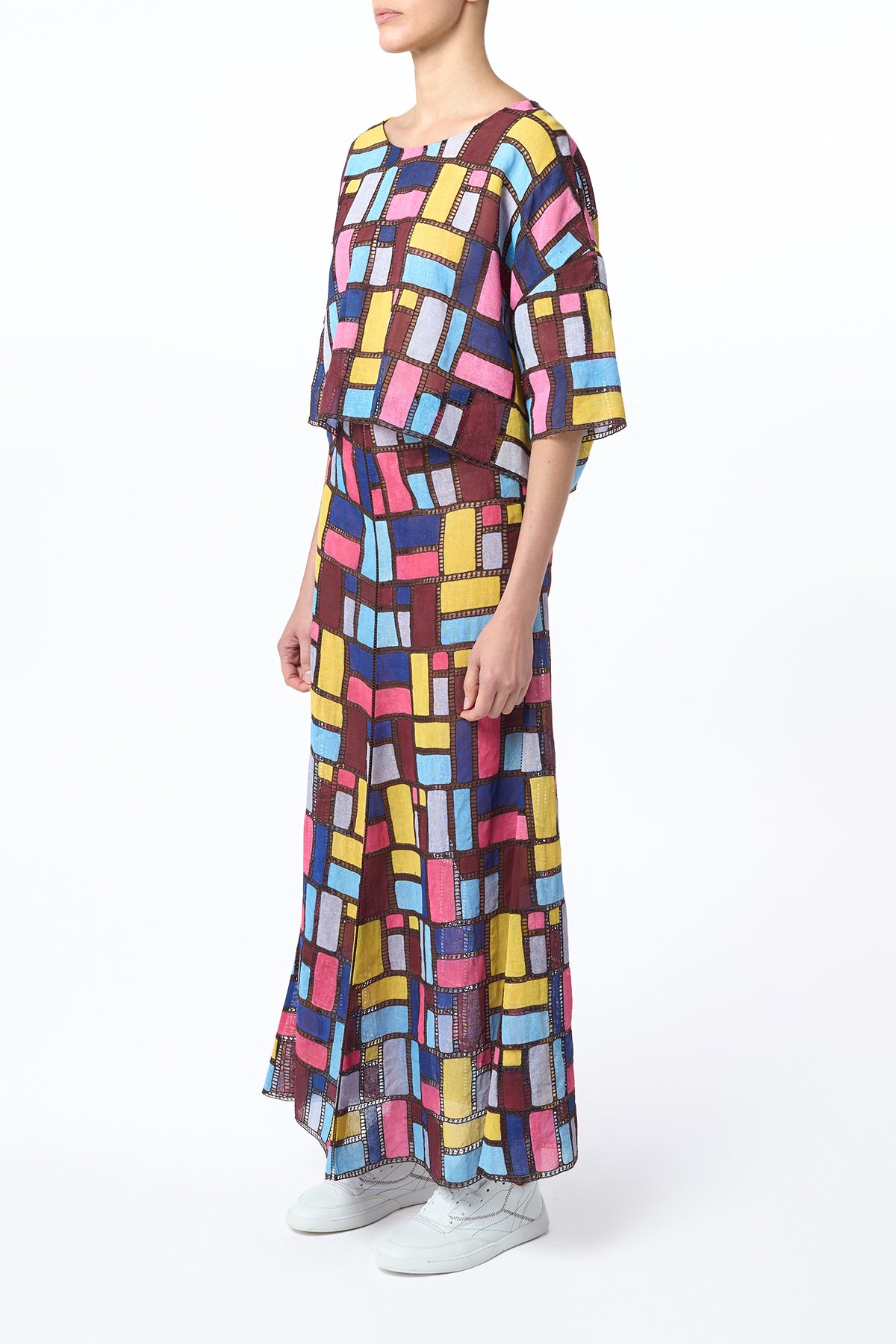 Selma Patchwork Embroidered Maxi Skirt in Aurora Multi Linen