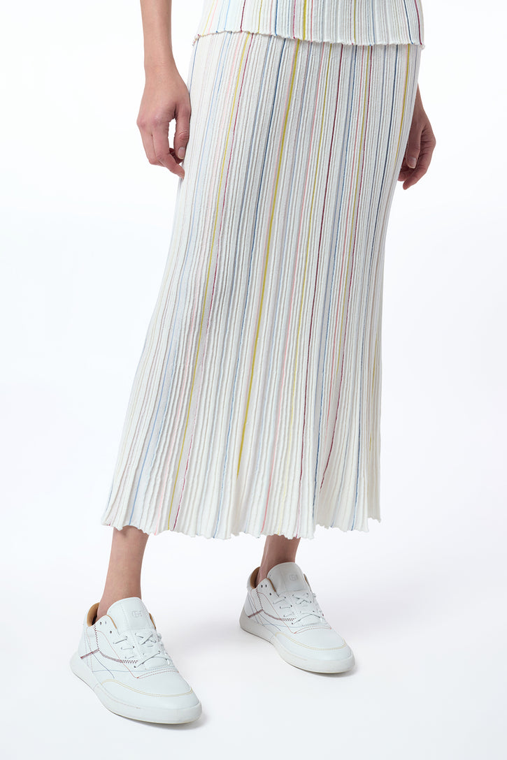 Celeano Pinstripe Knit Midi Skirt in Ivory Multi Merino Wool