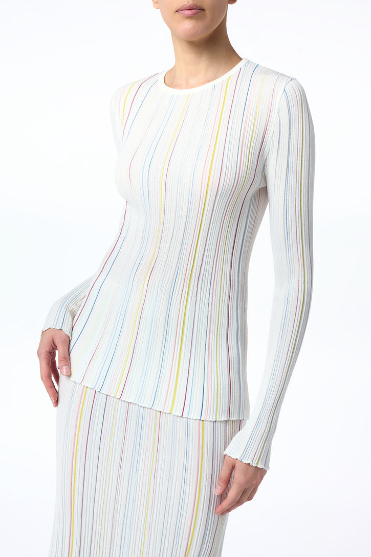 Augie Pinstripe Knit Sweater in Ivory Multi Merino Wool