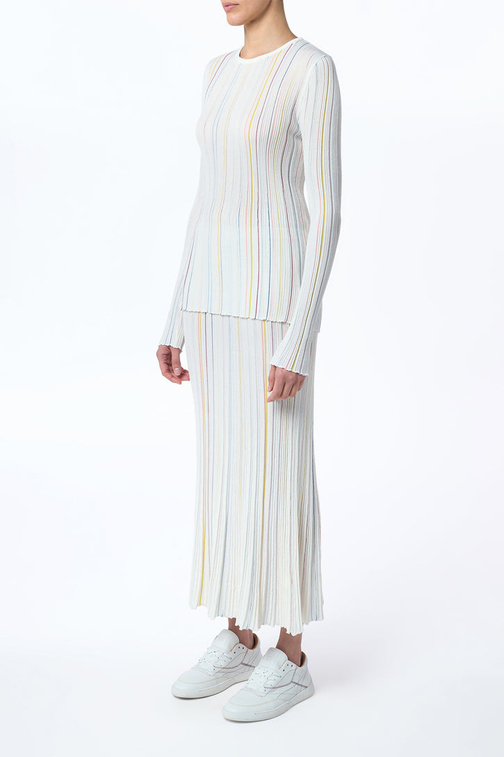 Celeano Pinstripe Knit Midi Skirt in Ivory Multi Merino Wool