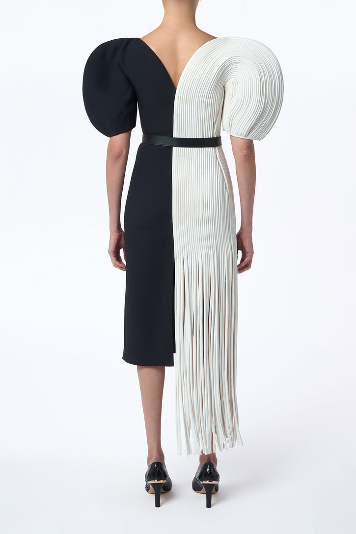 Lysander Fringe Midi Dress in Ivory Nappa Leather & Black Wool Silk Cady