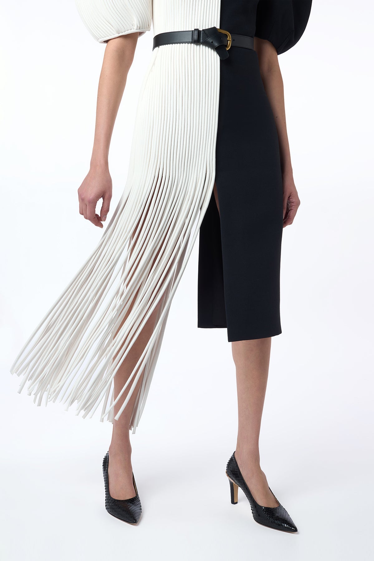 Lysander Fringe Midi Dress in Ivory Nappa Leather & Black Wool Silk Cady