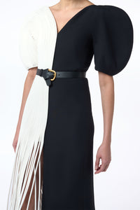 Lysander Fringe Midi Dress in Ivory Nappa Leather & Black Wool Silk Cady