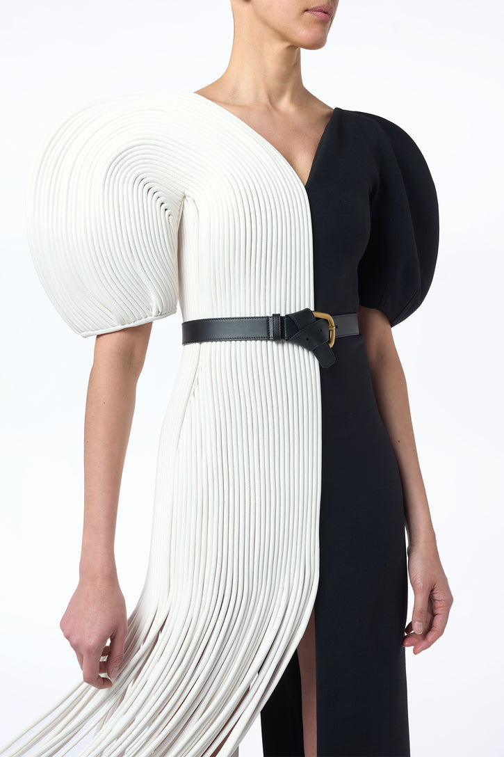 Lysander Fringe Midi Dress in Ivory Nappa Leather & Black Wool Silk Cady