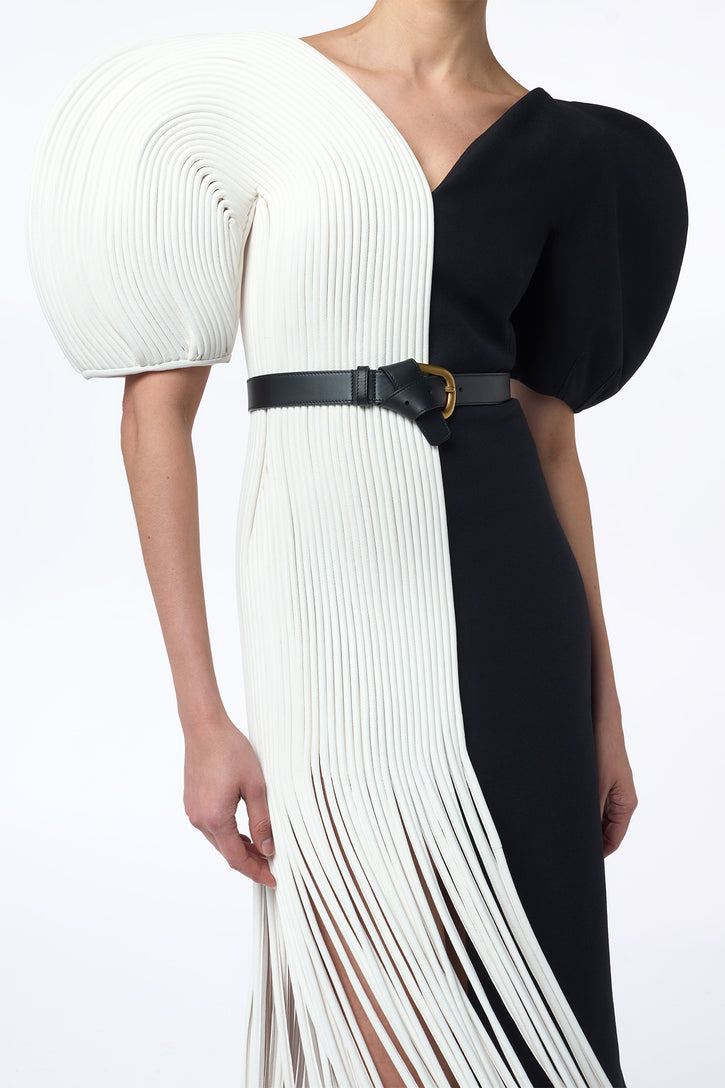 Lysander Fringe Midi Dress in Ivory Nappa Leather & Black Wool Silk Cady