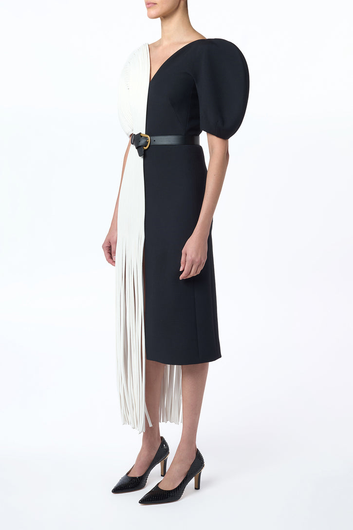 Lysander Fringe Midi Dress in Ivory Nappa Leather & Black Wool Silk Cady