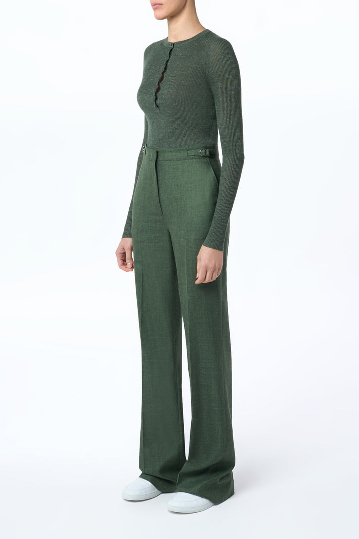 Vesta Flared Pant in Olive Virgin Wool Silk with Linen