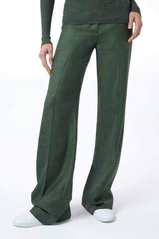 Vesta Flared Pant in Olive Virgin Wool Silk with Linen