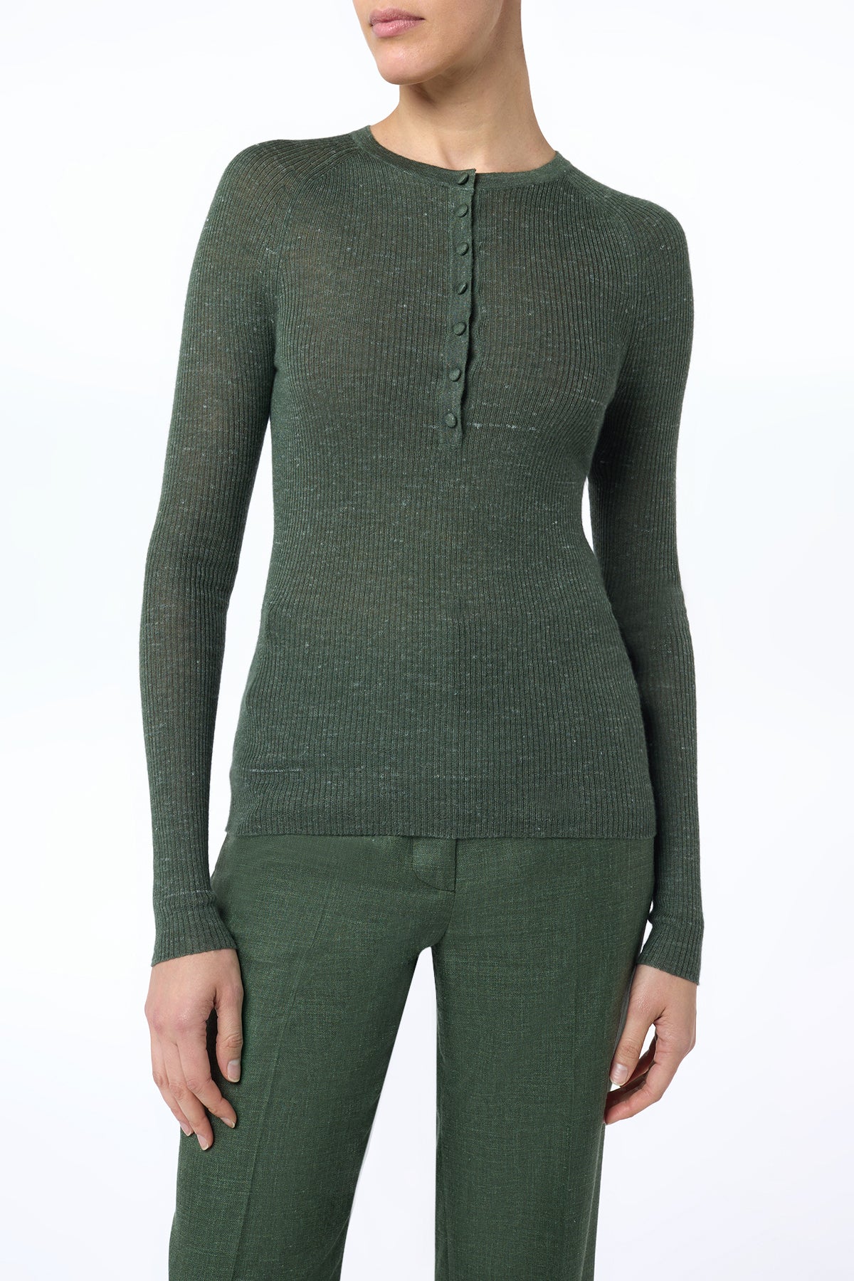 Anges Knit Henley in Olive Cashmere Silk with Hemp