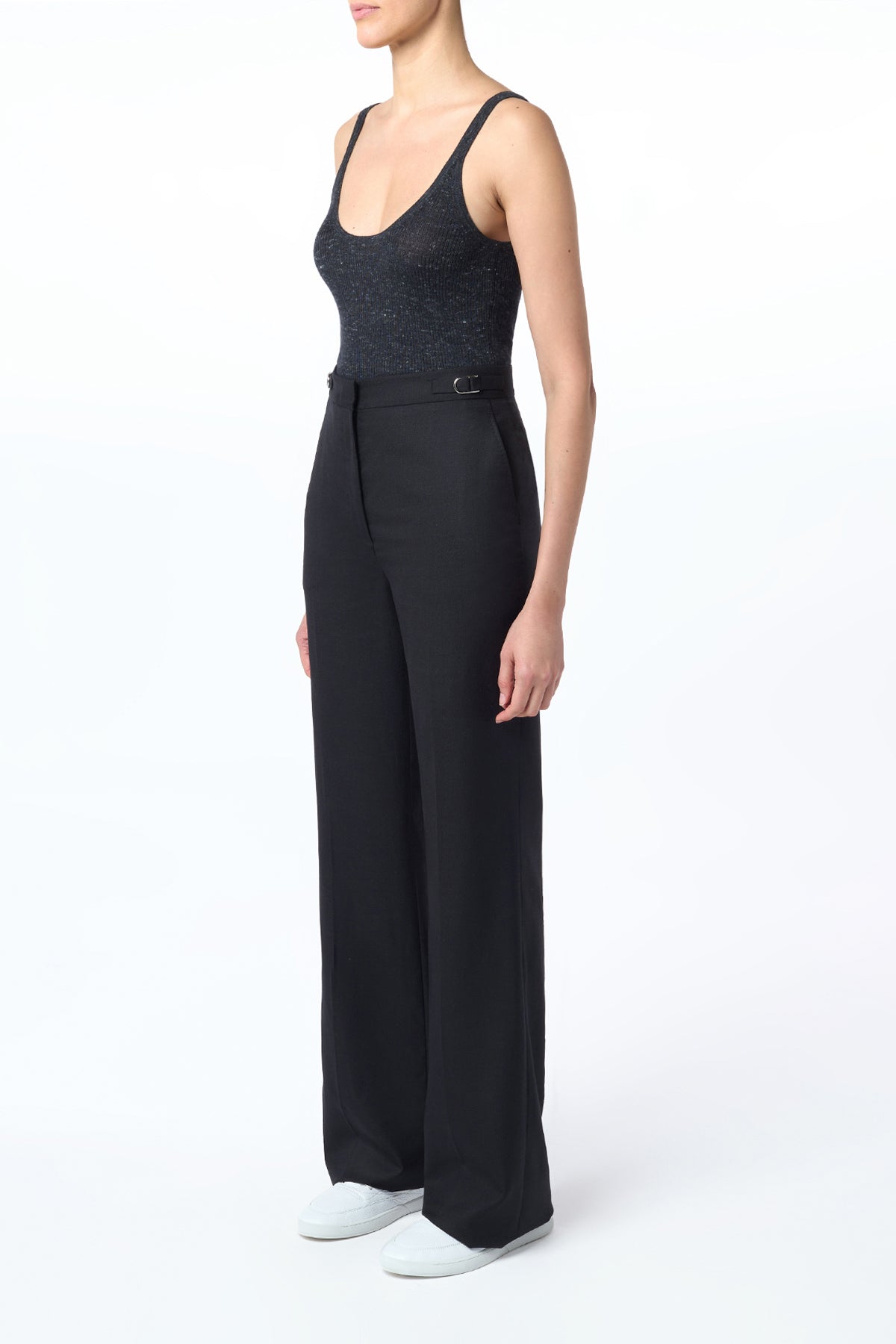 Vesta Flared Pant in Black Virgin Wool Silk with Linen