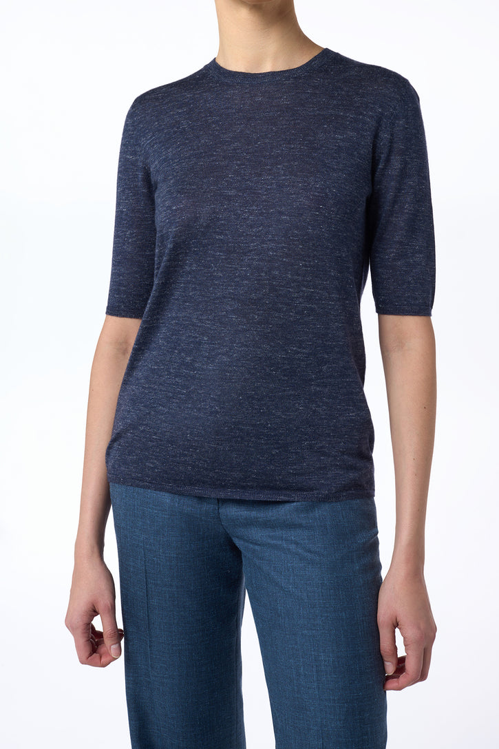 Chryse Knit T-Shirt in Navy Cashmere Silk with Hemp