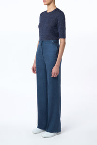 Vesta Flared Pant in Denim Virgin Wool Silk with Linen