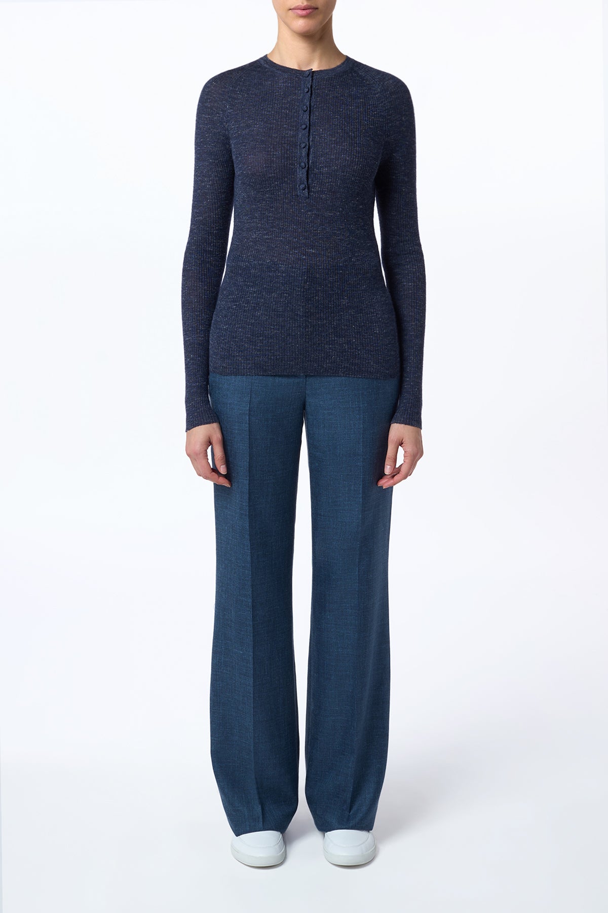 Agnes Knit Henley in Navy Blue Wool Crepe