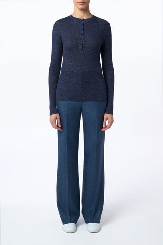 Agnes Knit Henley in Navy Blue Wool Crepe