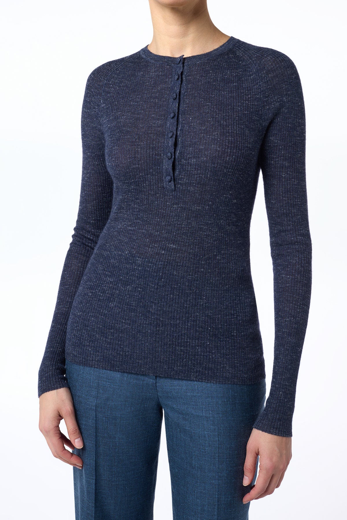 Anges Knit Henley in Navy Cashmere Silk with Hemp