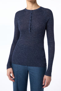 Agnes Knit Henley in Navy Blue Wool Crepe