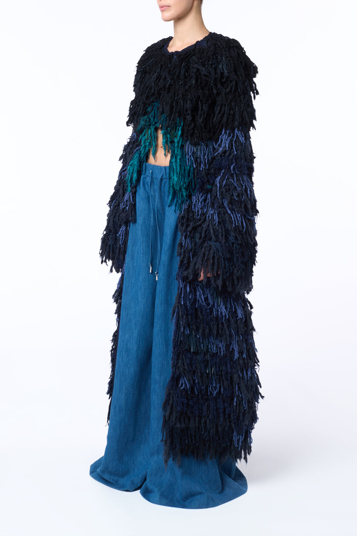 Minerva Fringe Coat in Navy Multi Silk