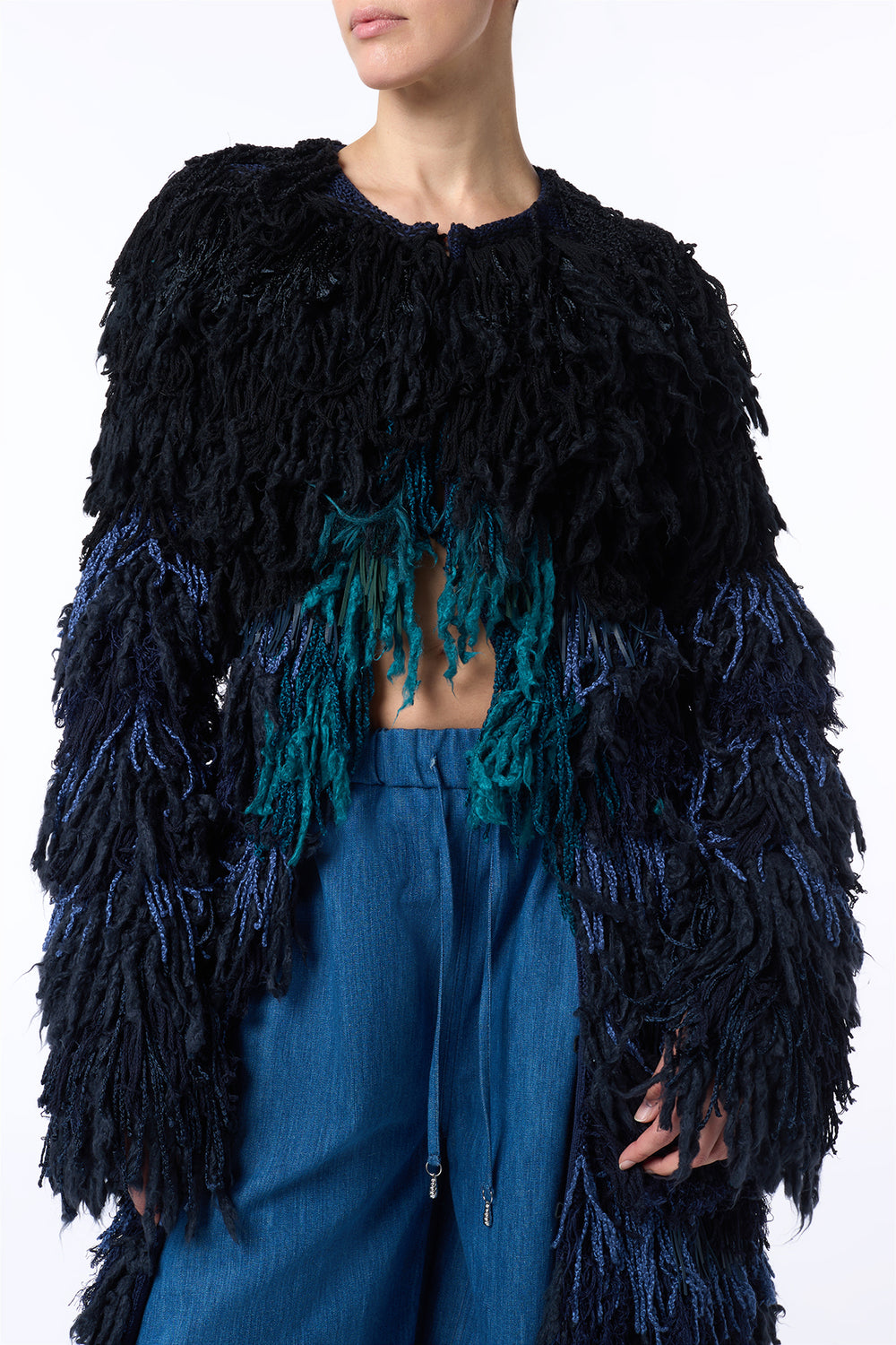 Minerva Fringe Coat in Navy Multi Silk