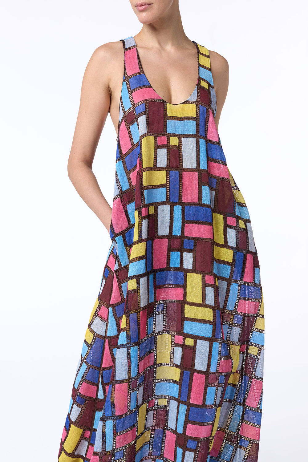 Niki Patchwork Embroidered Maxi Dress in Aurora Multi Linen