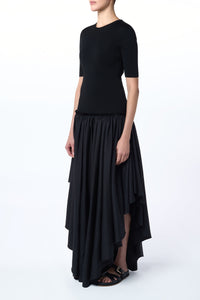 Sirona Pleated Maxi Dress in Black Virgin Wool Silk with Linen