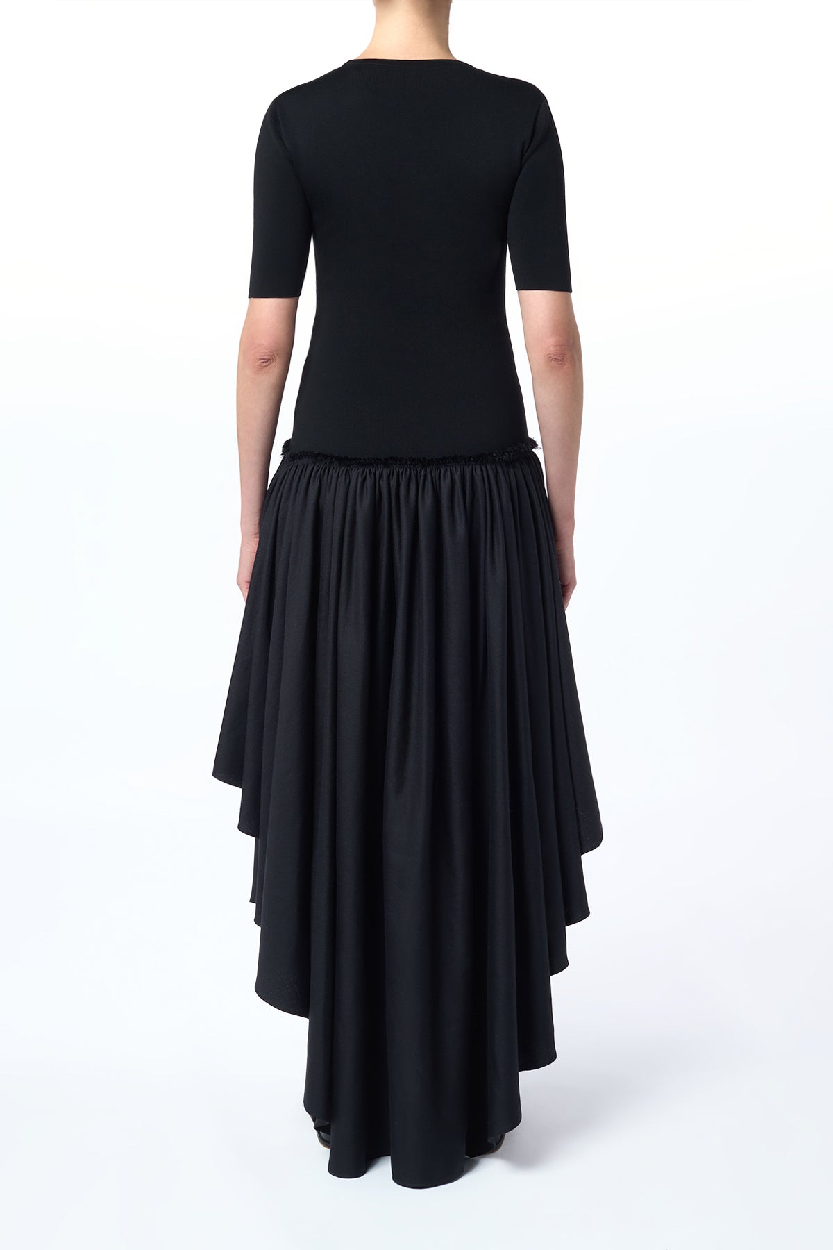 Sirona Pleated Maxi Dress in Black Virgin Wool Silk with Linen