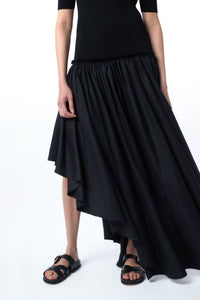 Sirona Pleated Maxi Dress in Black Virgin Wool Silk with Linen