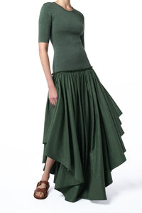 Sirona Pleated Maxi Dress in Olive Virgin Wool Silk with Linen