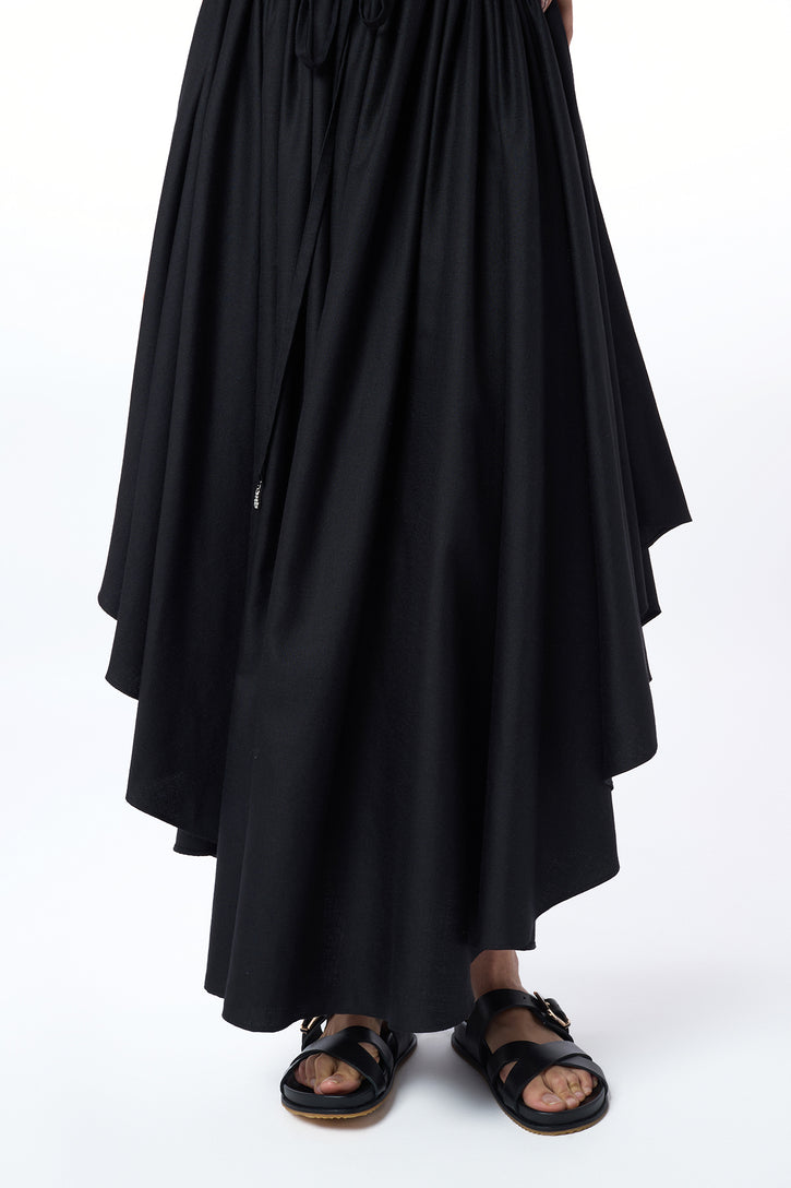 Dea Pleated Maxi Skirt in Black Virgin Wool Silk Linen