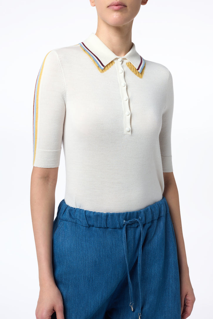 Wendelyn Knit Short Sleeve Polo In Ivory Multi Cashmere Silk