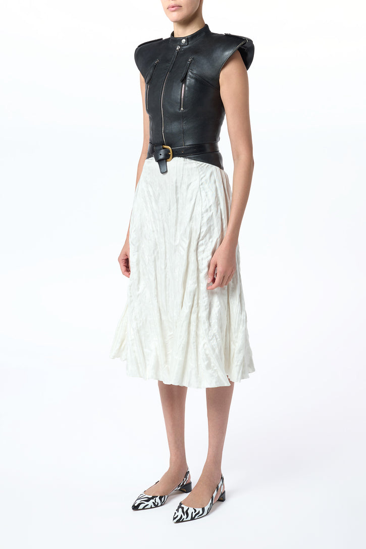 Athena Moto Midi Dress in Black Leather & Ivory Metallic Crinkled Silk