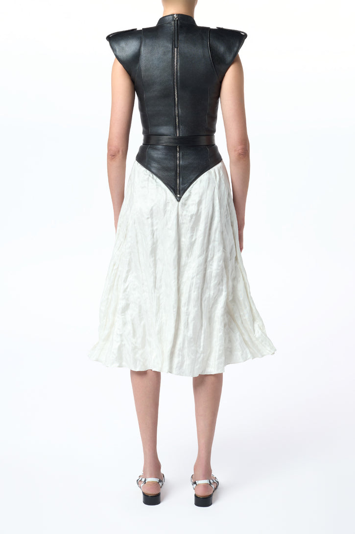 Athena Moto Midi Dress in Black Leather & Ivory Metallic Crinkled Silk