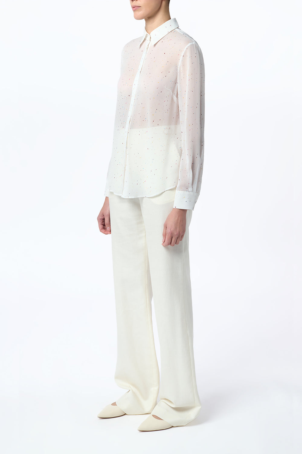 ブルーマルチプリントシルクツイルのアンリブラウス