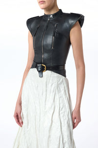 Athena Moto Midi Dress in Black Leather & Ivory Metallic Crinkled Silk