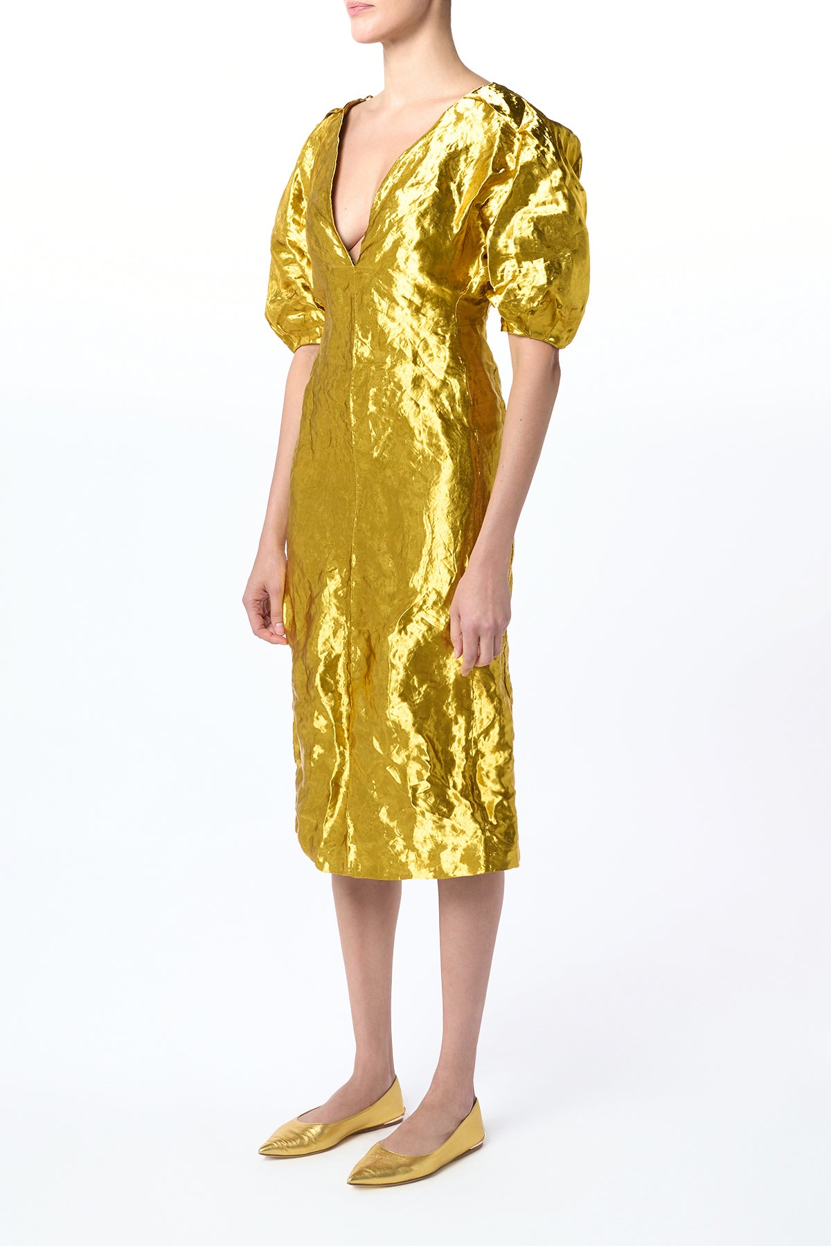 Fides Midi Dress in Gold Metallic Silk