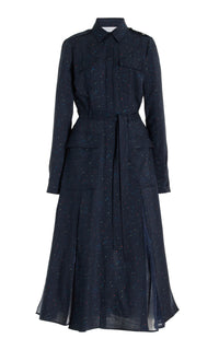 Meyer Pleated Shirtdress in Dark Navy Multi Printed Wool