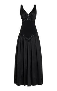 Highland Lace Maxi Dress in Black Silk Satin