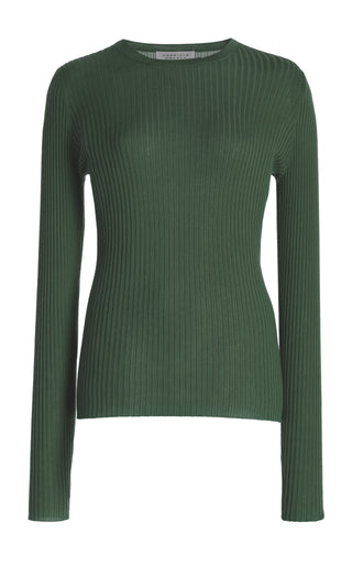 Olive Cashmere Silk Ribbed Knit Sweater - Front View, Crew Neck | Gabriela Hearst