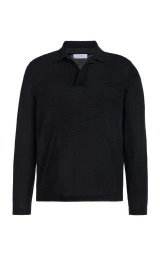Frome Knit Long Sleeve Polo in Black Cashmere