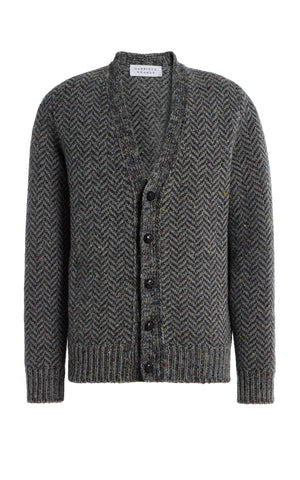 Gentry Knit Cardigan in Charcoal Multi Specked Aran Cashmere Herringbone