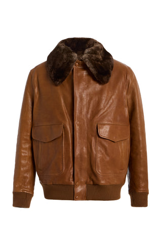 Grant Bomber Jacket in Cognac Vachetta Leather with Recycled Fur Collar
