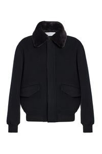 James Bomber Jacket in Black Double-face Recycled Cashmere with Shearling Collar
