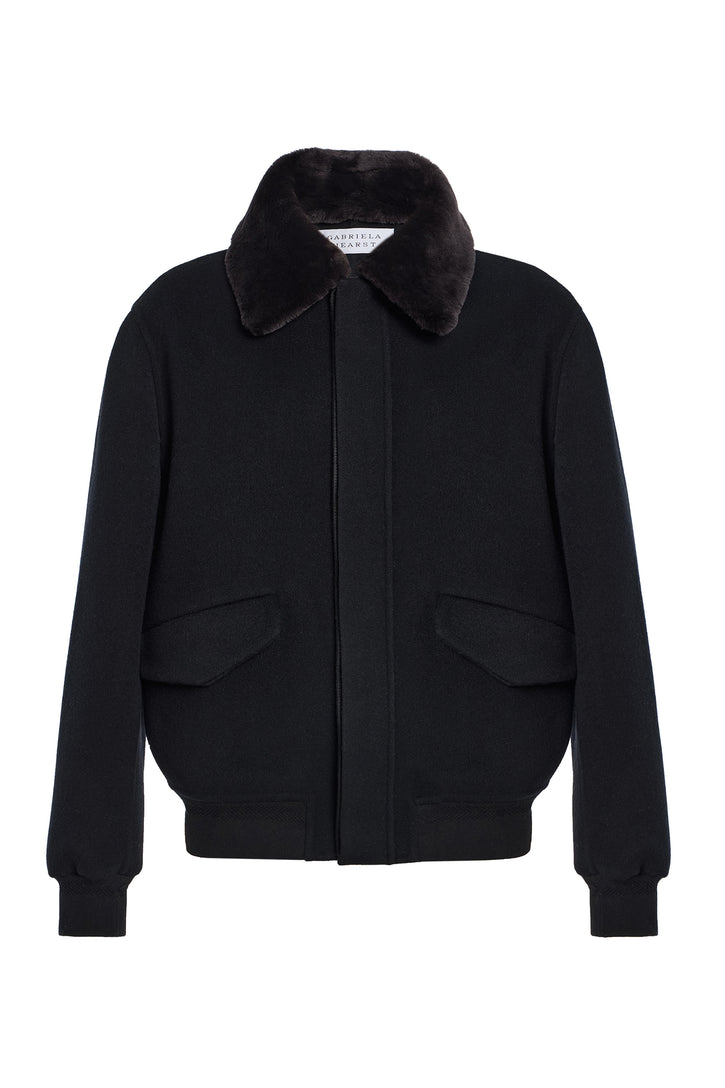 James Bomber Jacket in Black Double-face Recycled Cashmere with Shearling Collar