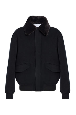 James Bomber Jacket in Black Double-face Recycled Cashmere with Shearling Collar